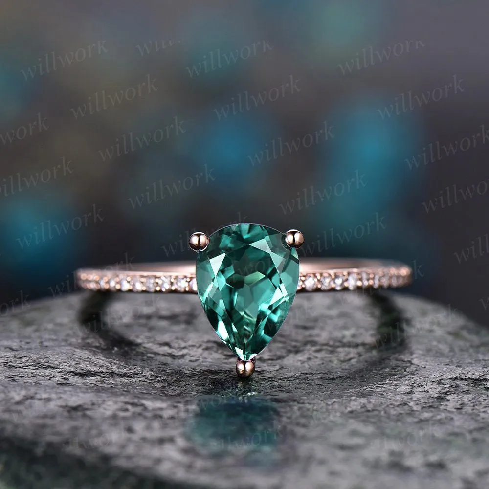 Teardrop Emerald engagement ring solid 14k rose gold under halo real diamond ring emerald ring vintage promise wedding May birthstone ring sold by Willwork Jewelry product image thumbnail 4