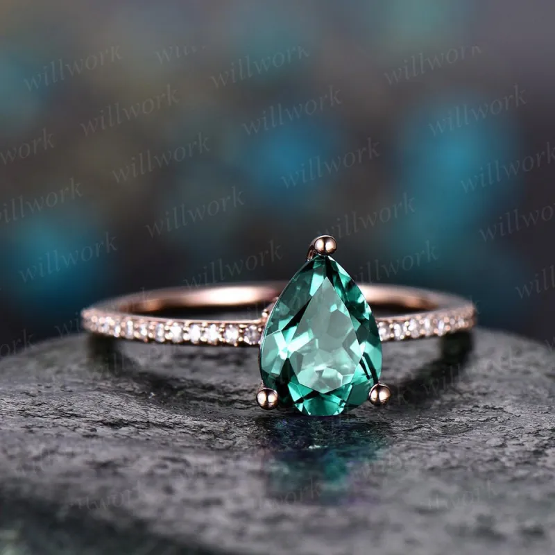 Teardrop Emerald engagement ring solid 14k rose gold under halo real diamond ring emerald  ring vintage promise wedding May birthstone ring sold by Willwork Jewelry