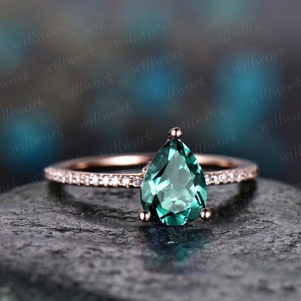 Teardrop Emerald engagement ring solid 14k rose gold under halo real diamond ring emerald ring vintage promise wedding May birthstone ring sold by Willwork Jewelry