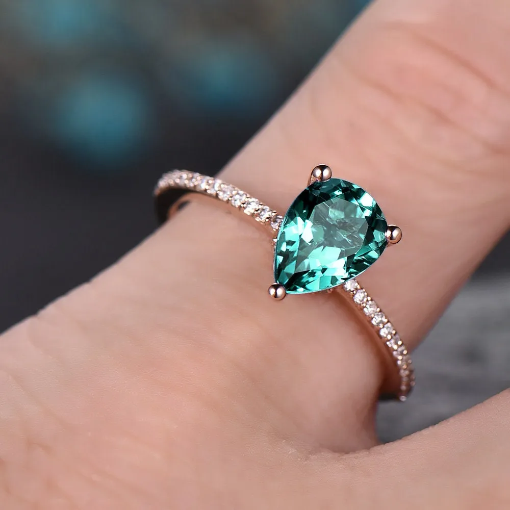 Teardrop Emerald engagement ring solid 14k rose gold under halo real diamond ring emerald ring vintage promise wedding May birthstone ring sold by Willwork Jewelry product image thumbnail 2