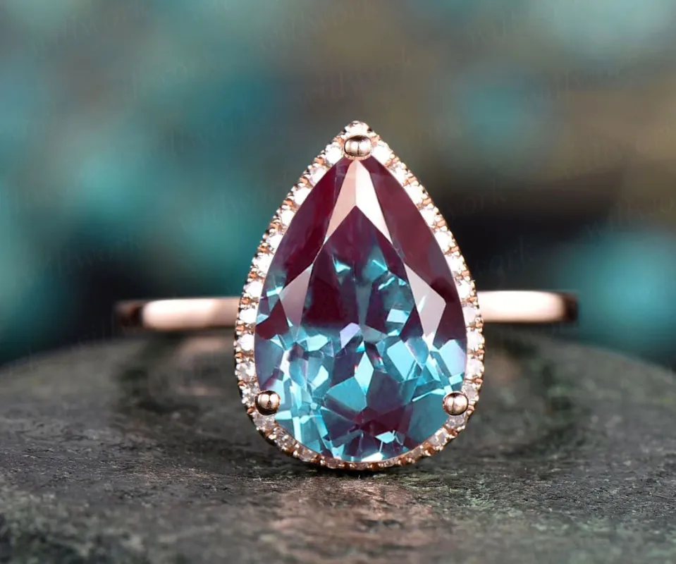 8x12mm pear shaped Alexandrite engagement ring for women diamond halo ring rose gold bridal ring custom jewelry colr change stone ring gift made by Willwork Jewelry