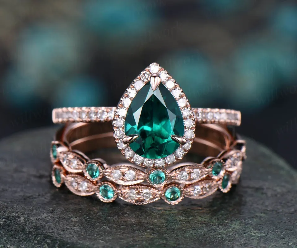 Vintage unique pear shaped emerald engagement ring set halo diamond 14k rose gold art deco natural emerald wedding band May birthstone ring sold by Willwork Jewelry