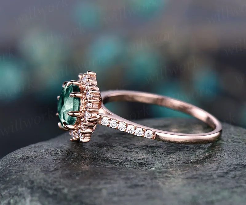 Round emerald engagement ring for women rose gold ring moissanite halo ring May birthstone ring unique emerald jewelry anniversary gift sold by Willwork Jewelry product image thumbnail 3