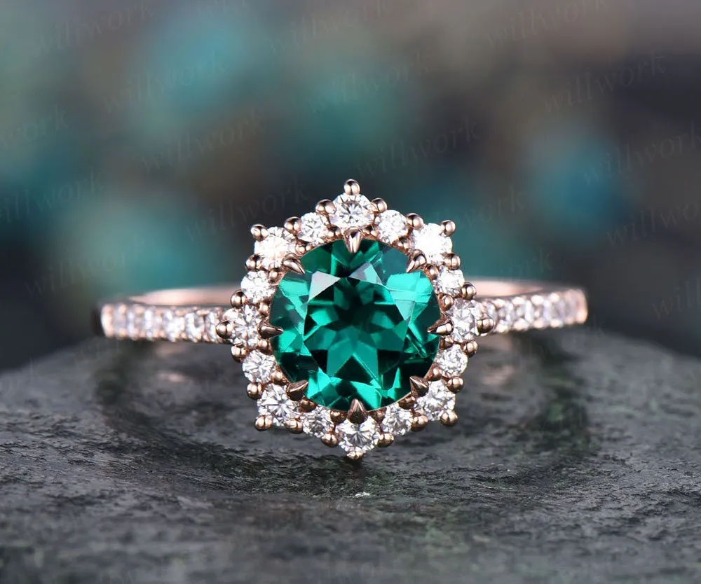 Round emerald engagement ring for women rose gold ring moissanite halo ring May birthstone ring unique emerald jewelry anniversary gift sold by Willwork Jewelry