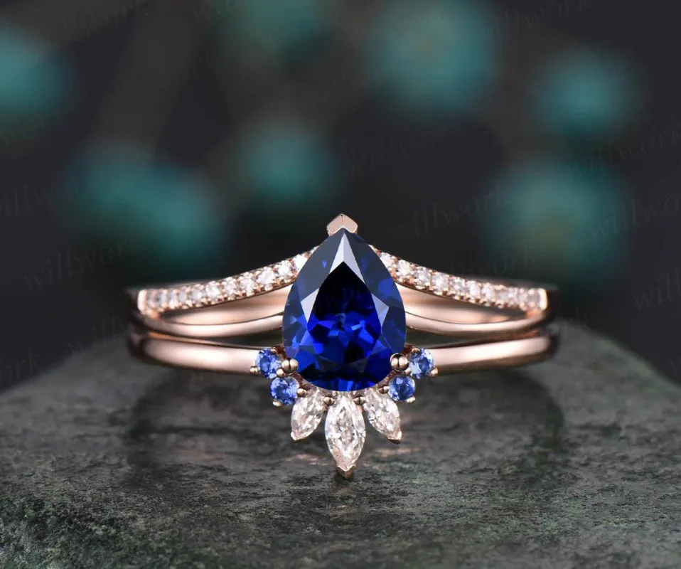 Pear sapphire wedding bridal set 2pc sapphire engagement ring set rose gold marquise moissanite ring natural sapphire wedding band for women sold by Willwork Jewelry