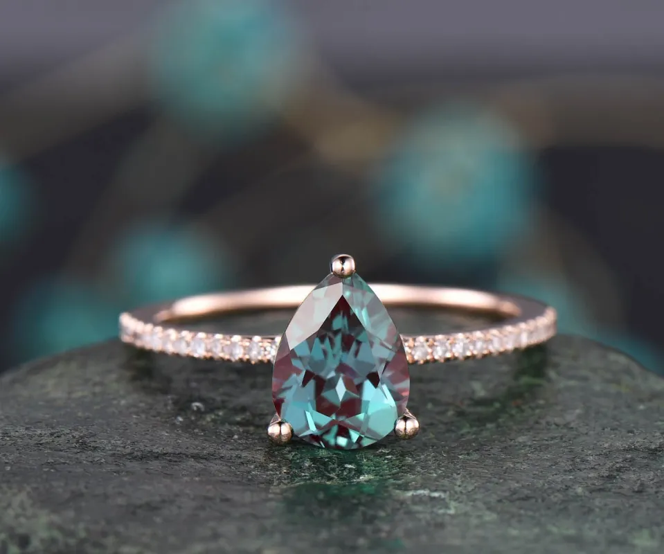 6x8mm pear cut Alexandrite engagement ring rose gold ring Alexandrite ring under diamond ring bridal wedding ring custom jewelry sold by Willwork Jewelry