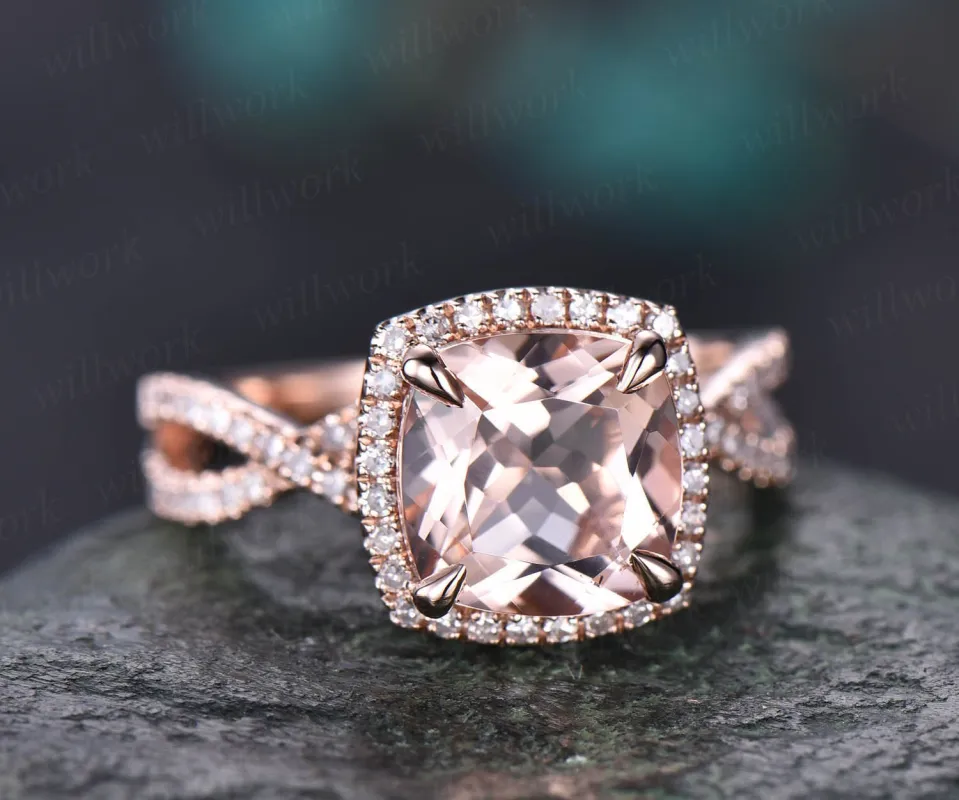 Cushion morganite ring morganite engagement ring rose gold vintage halo diamond ring infinity unique  jewelry promise wedding bridal ring made by Willwork Jewelry