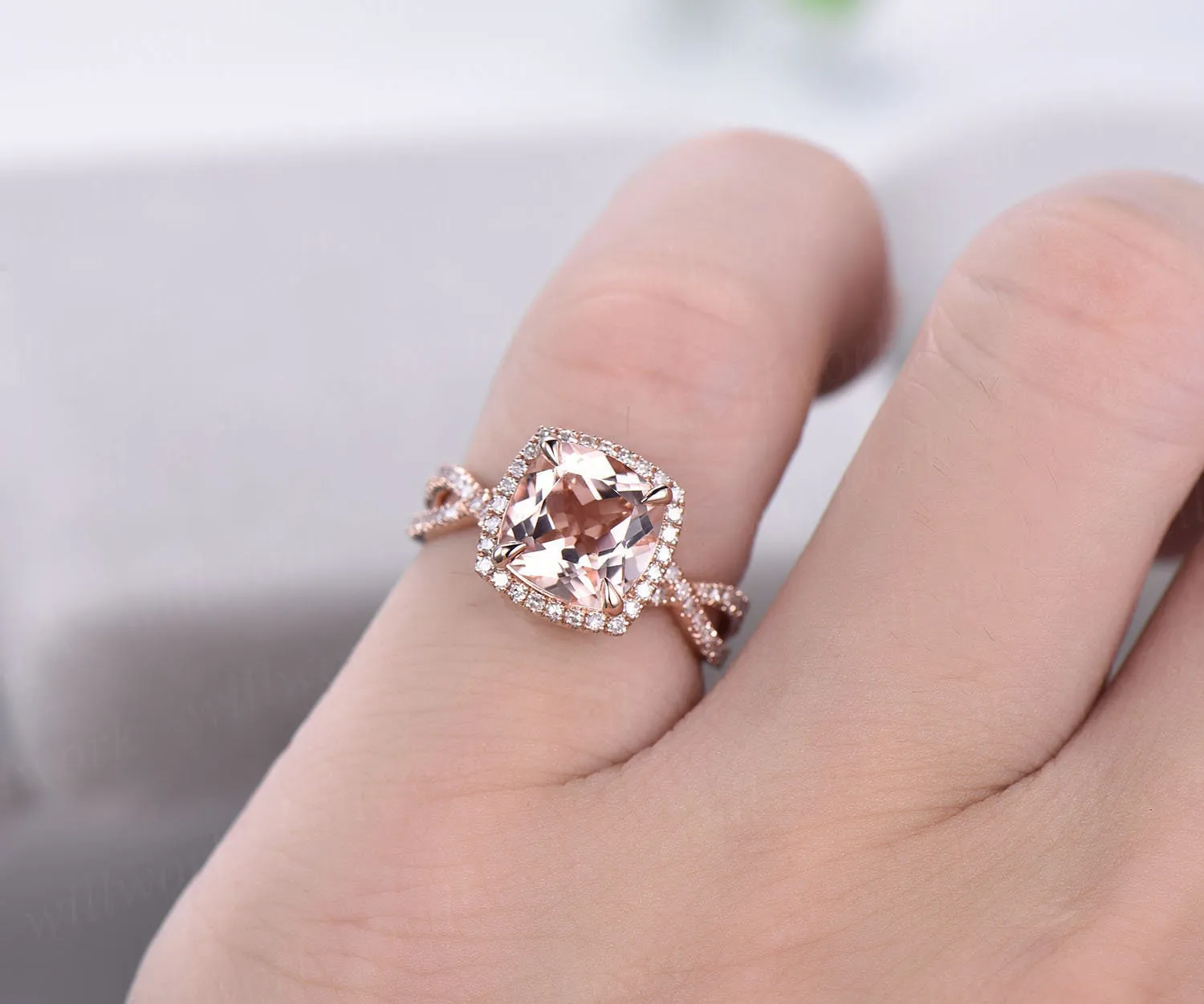 Cushion morganite ring morganite engagement ring rose gold vintage halo diamond ring infinity unique jewelry promise wedding bridal ring sold by Willwork Jewelry product image thumbnail 2