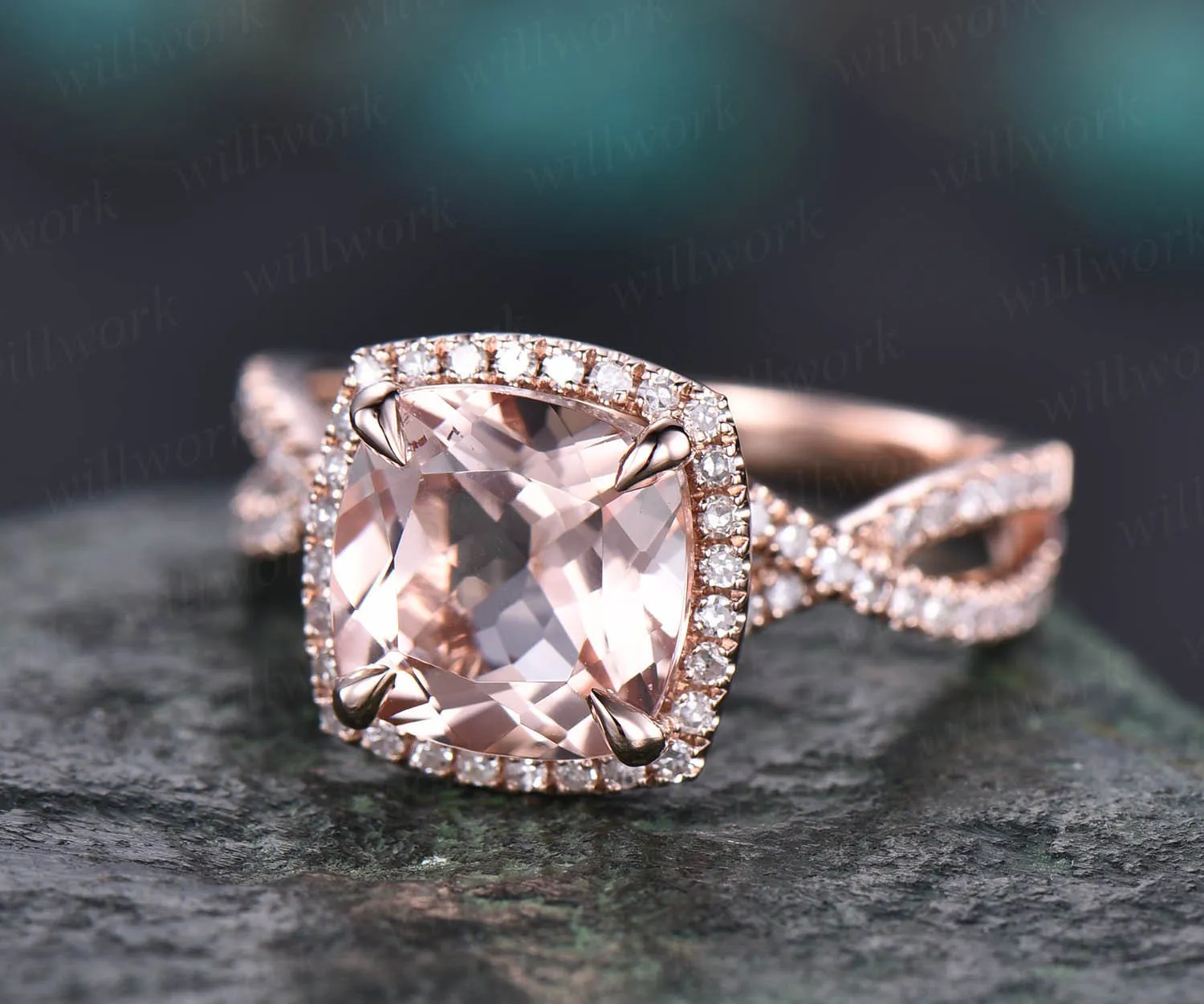 Cushion morganite ring morganite engagement ring rose gold vintage halo diamond ring infinity unique jewelry promise wedding bridal ring sold by Willwork Jewelry product image thumbnail 3