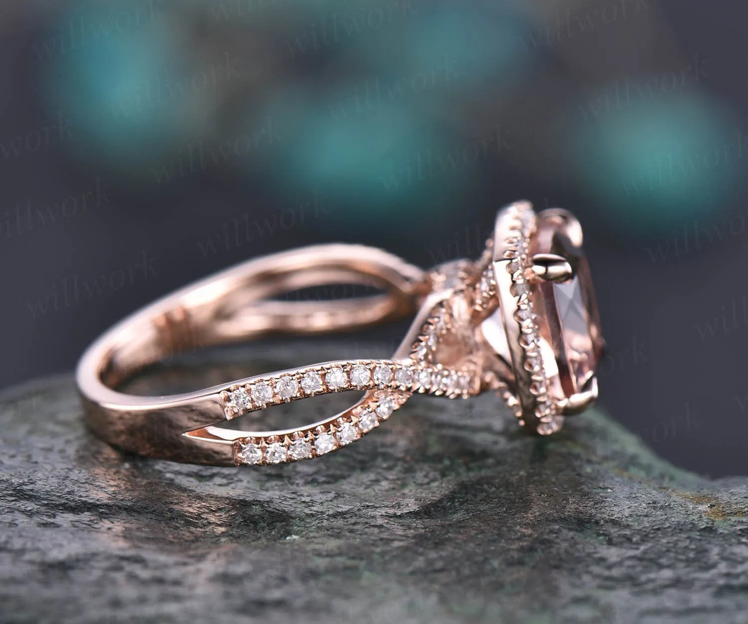 Cushion morganite ring morganite engagement ring rose gold vintage halo diamond ring infinity unique jewelry promise wedding bridal ring sold by Willwork Jewelry product image thumbnail 4
