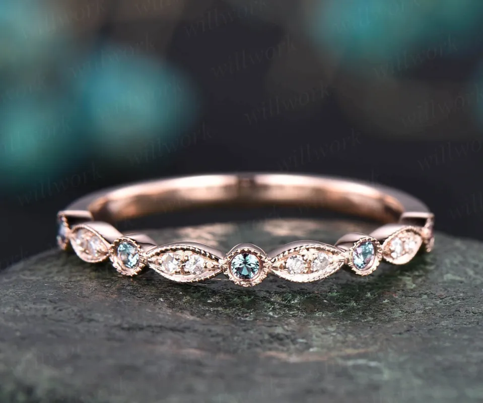 Unique Alexandrite ring vintage Alexandrite wedding band art deco milgrain bezel diamond wedding band marquise ring 14k rose gold ring gift made by Willwork Jewelry