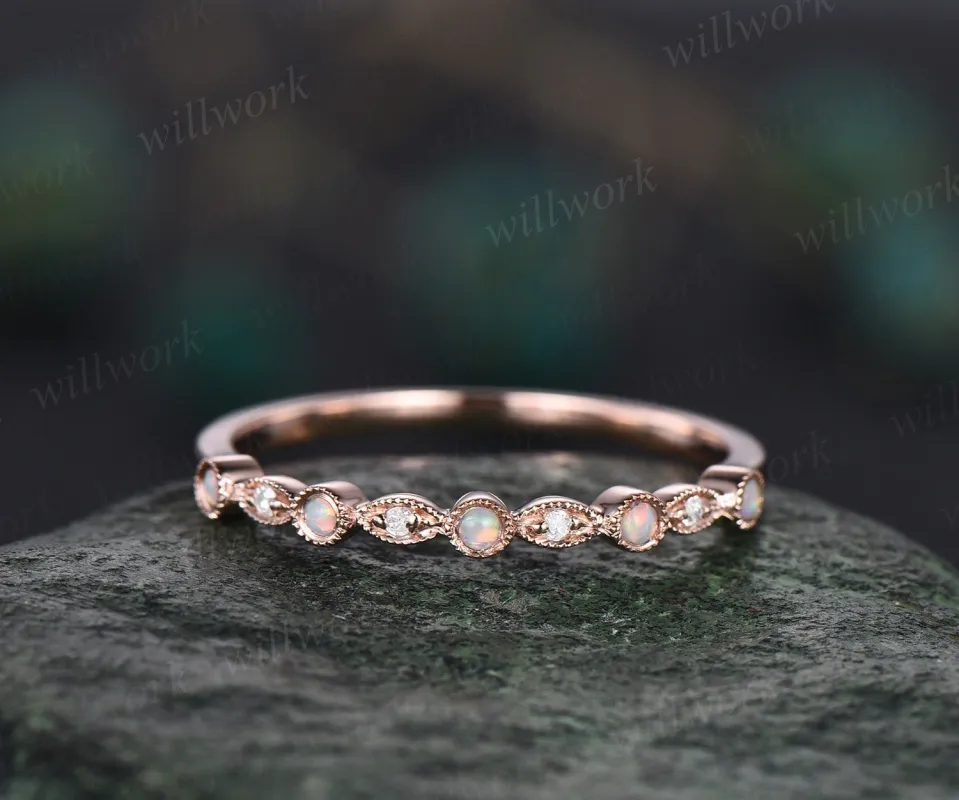 Unique opal ring for women vintage 14k rose gold ring art deco diamond wedding ring half eternity opal diamond wedding band jewelry gift made by Willwork Jewelry