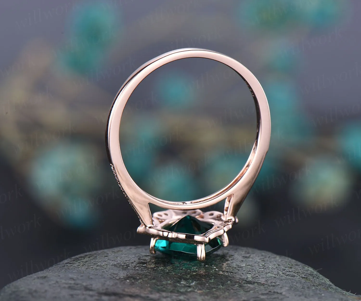 Flower cluster diamond halo ring green emerald engagement ring rose gold cushion emerald ring vintage antique May birthstone wedding ring sold by Willwork Jewelry product image thumbnail 5