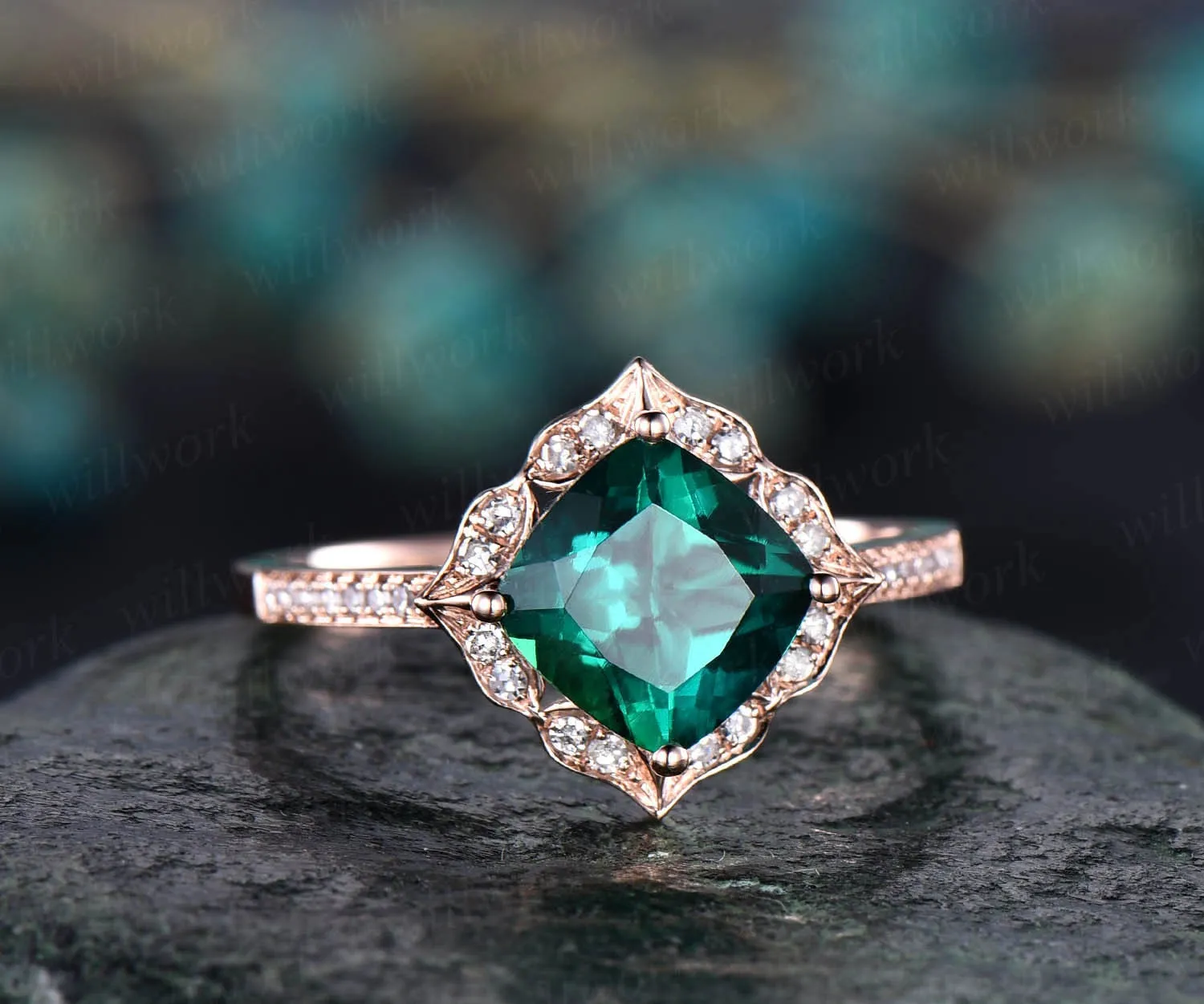 Flower cluster diamond halo ring green emerald engagement ring rose gold cushion emerald ring vintage antique May birthstone wedding ring sold by Willwork Jewelry