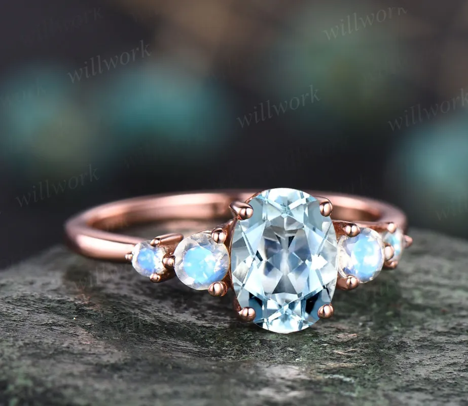 Unique vintage oval cut aquamarine engagement ring minimalist five stone moonstone ring for women 14k rose gold silver promise wedding ring sold by Willwork Jewelry
