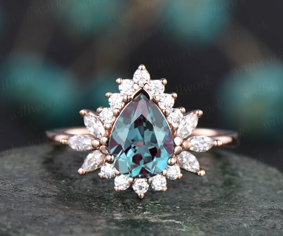 6x8mm pear Alexandrite ring vintage Alexandrite engagement ring rose gold ring Personalized marquise moissanite ring June birthstone ring sold by Willwork Jewelry