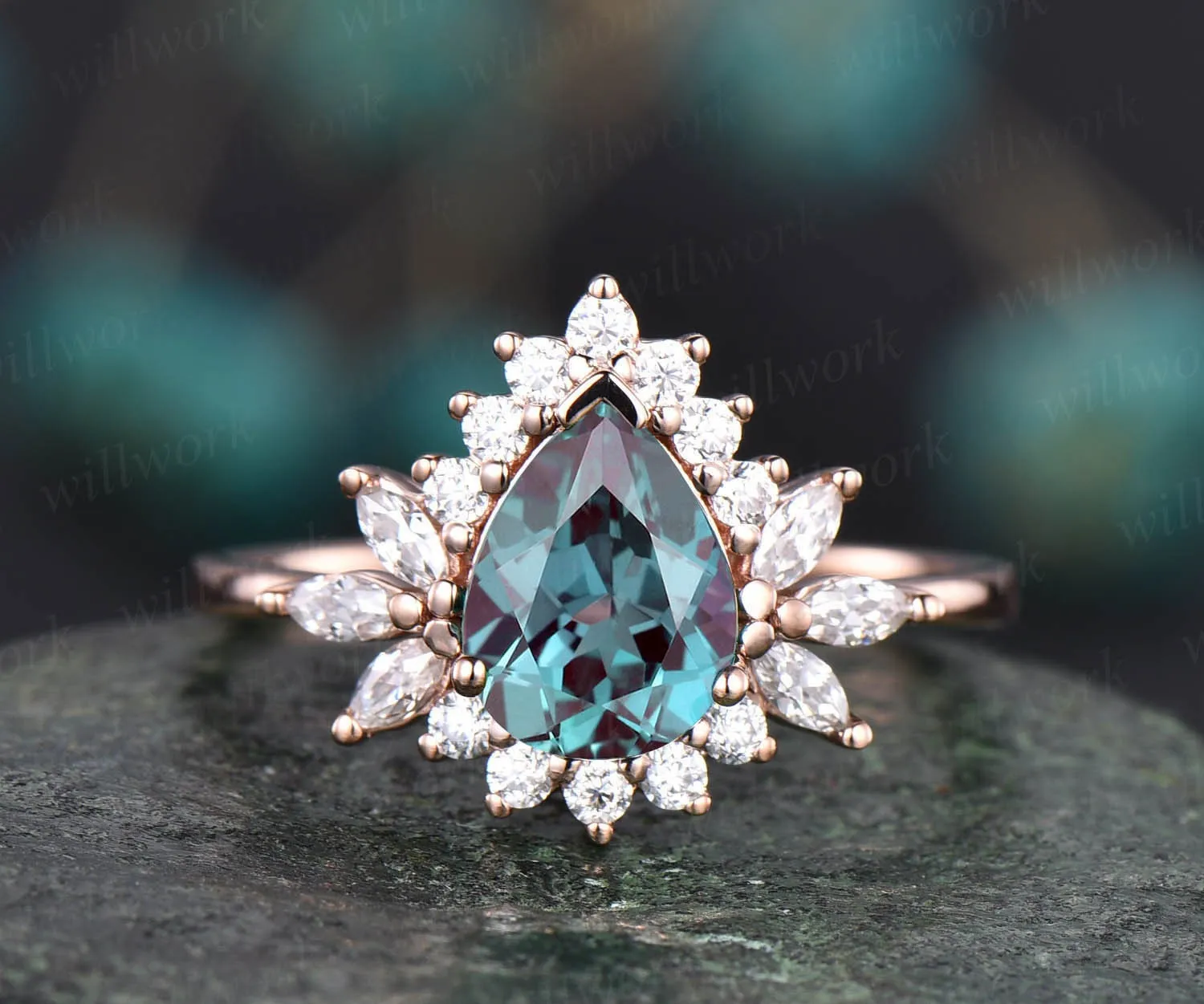 6x8mm pear Alexandrite ring vintage Alexandrite engagement ring rose gold ring Personalized marquise moissanite ring June birthstone ring sold by Willwork Jewelry