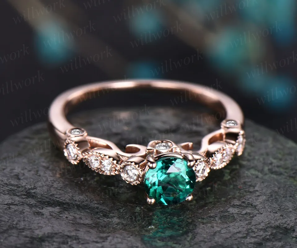 Rose gold ring 5mm green emerald ring vintage emerald engagement ring 14k rose gold diamond ring unique design antique may birthstone ring sold by Willwork Jewelry