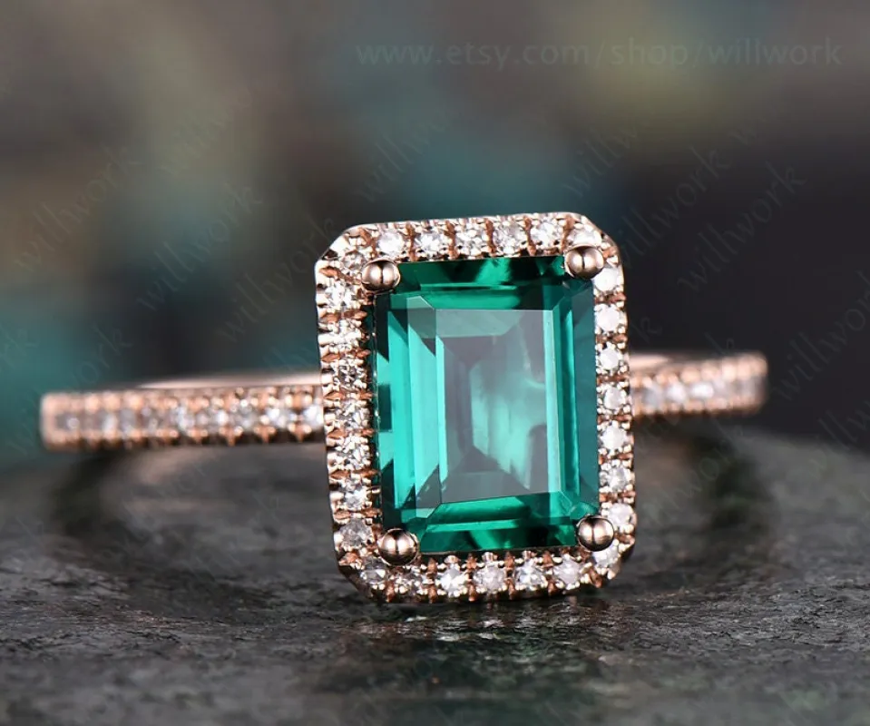 Green emerald engagement ring 14k rose gold handmade emerald ring vintage diamond halo ring stacking band bridal promise ring lab emerald sold by Willwork Jewelry