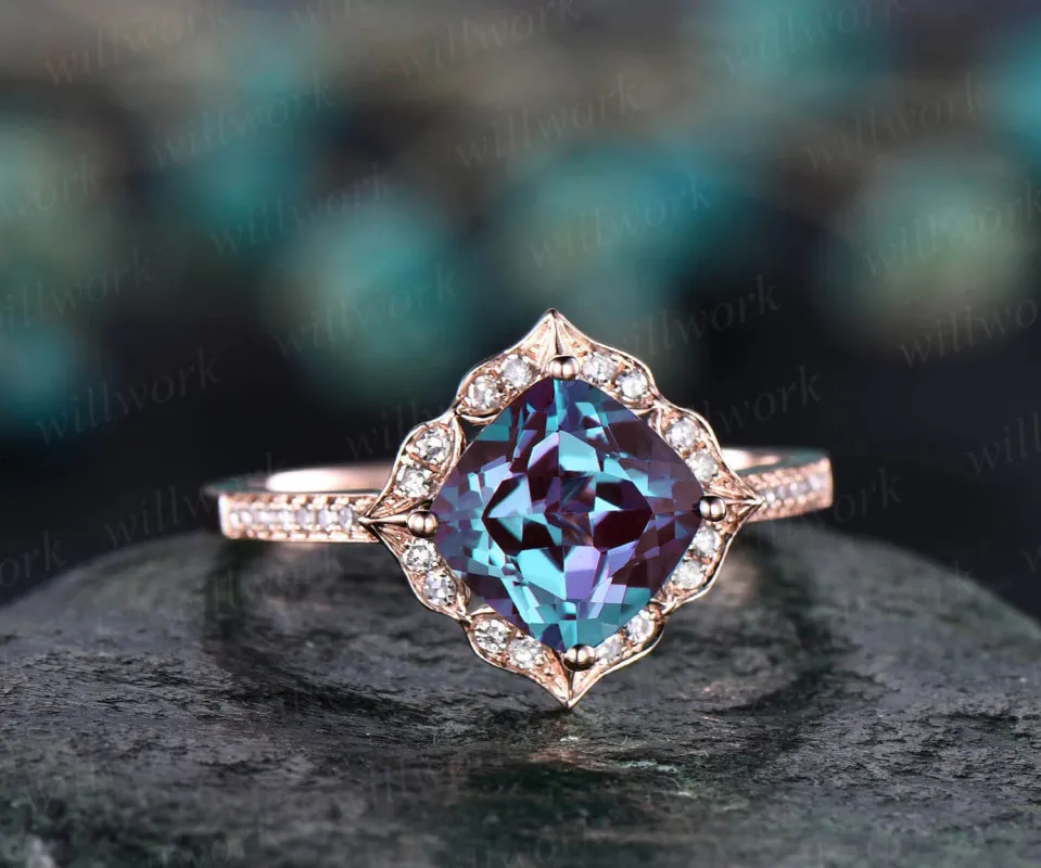 Flower cluster diamond halo ring vintage unique cushion cut Alexandrite engagement ring rose gold June birthstone wedding ring jewelry gift sold by Willwork Jewelry