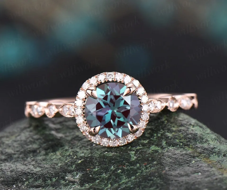 Art deco diamond halo ring color change alexandrite engagement ring rose gold marquise June birthstone ring wedding bridal anniversary ring sold by Willwork Jewelry
