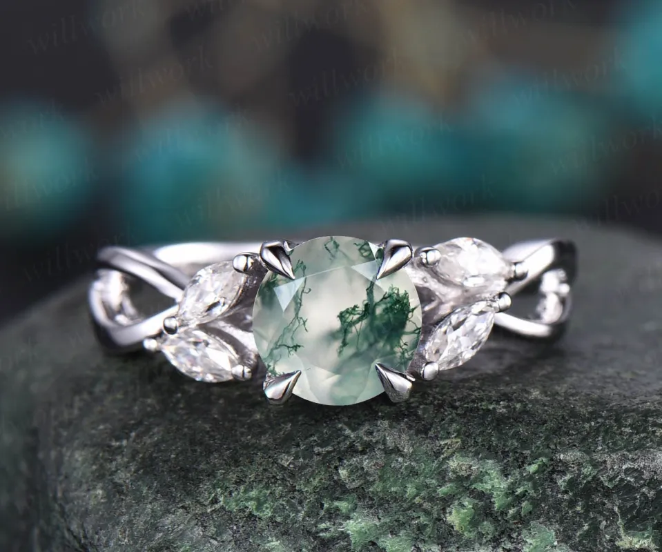 Round moss agate ring vintage moss agate engagement ring white gold for women art deco moissanite ring marquise ring wedding promise ring sold by Willwork Jewelry