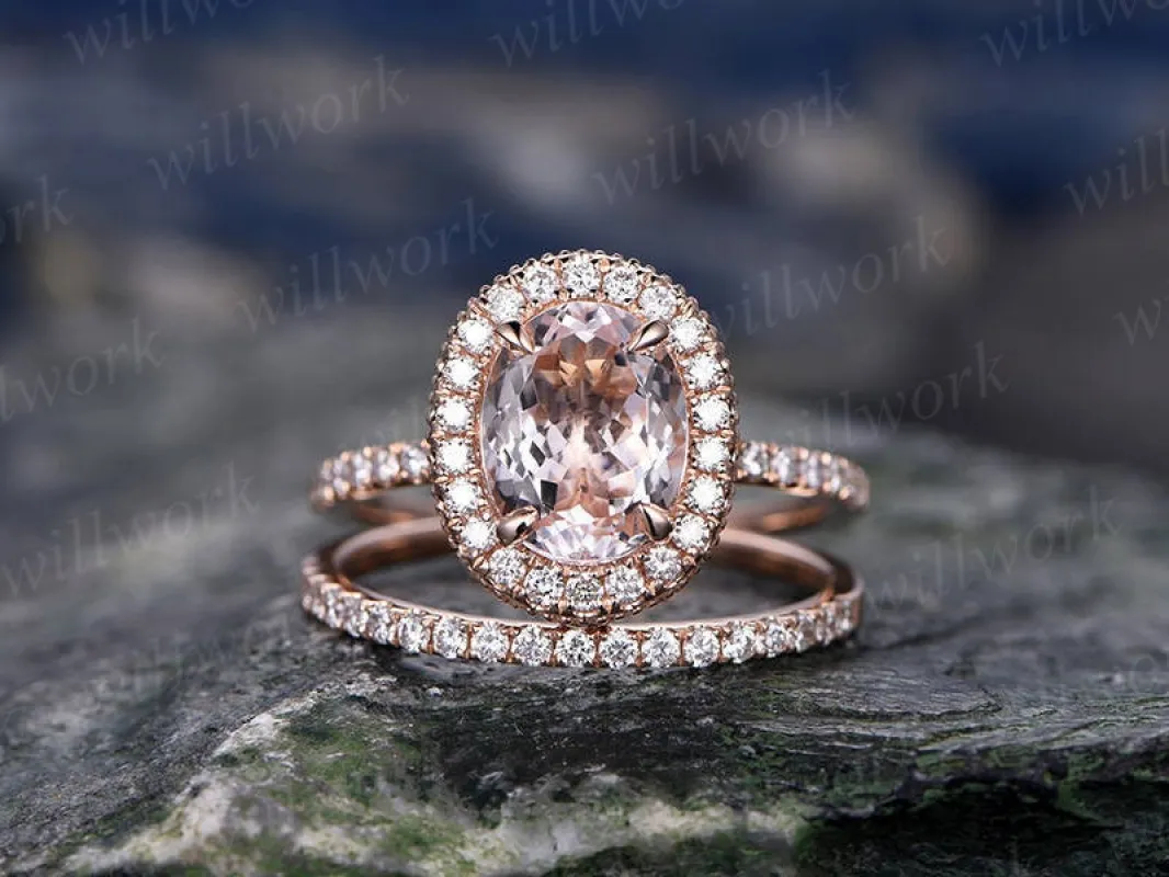 Morganite engagement ring set-handmade Solid 14k Rose gold ring-Real Diamond band-6x8mm Oval gemstone Halo Moissanite ring-Bridal Ring set made by Willwork Jewelry