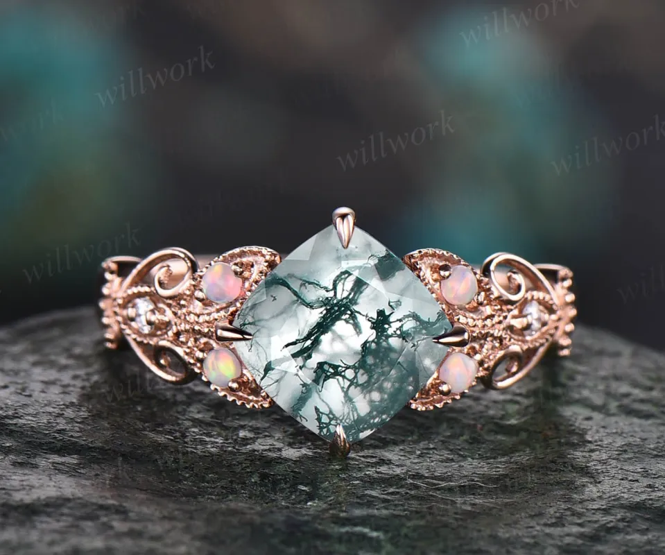 Cushion cut moss agate engagement ring rose gold butterfly flower unique vintage engagement ring opal diamond ring for women wedding ring sold by Willwork Jewelry