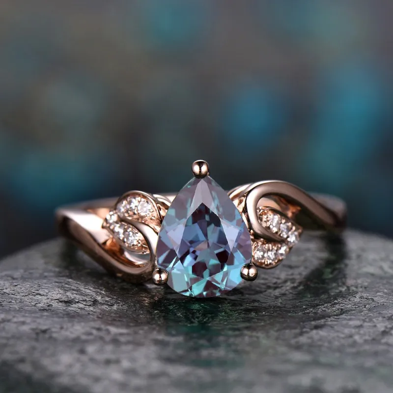 Flower antique Alexandrite ring gold vintage pear cut Alexandrite engagement ring rose gold real diamond June birthstone wedding women ring sold by Willwork Jewelry