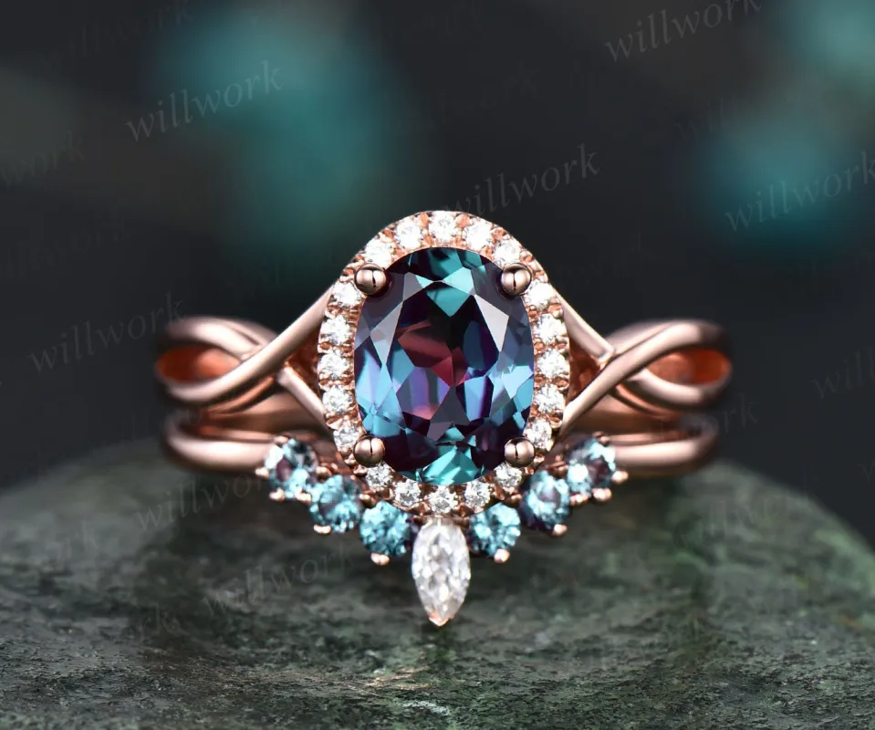 Oval cut Alexandrite engagement ring set halo moissanite ring set vintage rose gold wedding ring set art deco bridal ring set custom jewelry sold by Willwork Jewelry