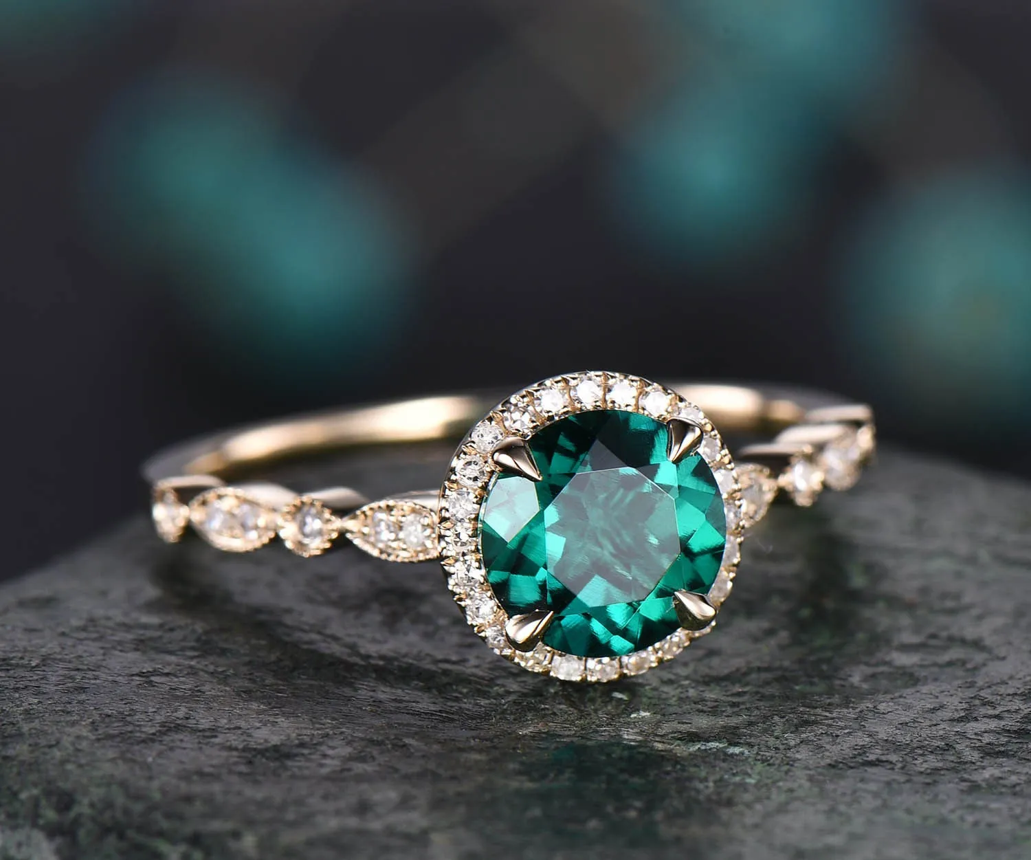 Art deco emerald ring gold green emerald engagement ring 14k rose gold vintage diamond halo marquise women gift wedding promise bridal ring sold by Willwork Jewelry