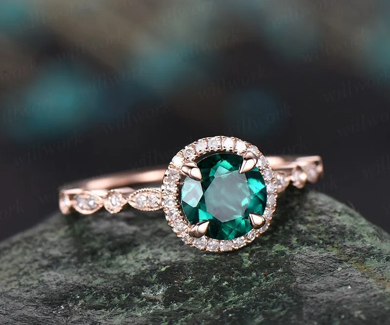 Art deco emerald ring gold green emerald engagement ring 14k rose gold vintage diamond halo marquise women gift wedding promise bridal ring sold by Willwork Jewelry product image thumbnail 4