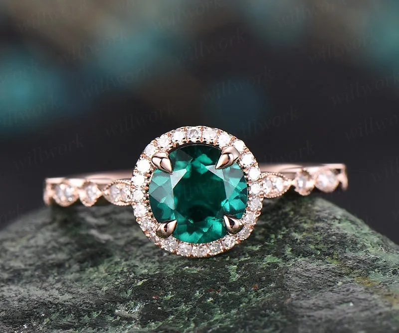 Art deco emerald ring gold green emerald engagement ring 14k rose gold vintage diamond halo marquise women gift wedding promise bridal ring sold by Willwork Jewelry product image thumbnail 3