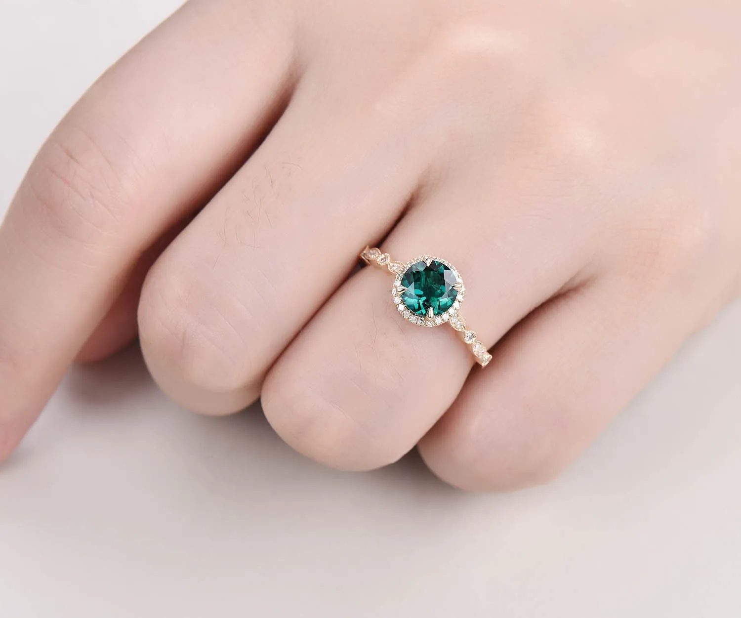 Art deco emerald ring gold green emerald engagement ring 14k rose gold vintage diamond halo marquise women gift wedding promise bridal ring sold by Willwork Jewelry product image thumbnail 2