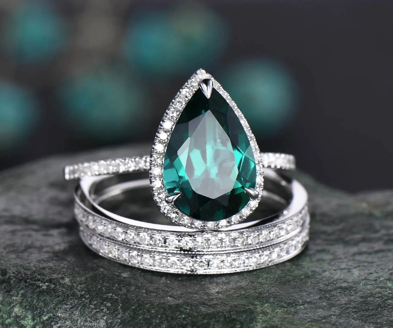 8x12mm pear emerald engagement ring set vintage 14k rose gold ring set diamond halo ring unique bridal ring set wedding promise ring set sold by Willwork Jewelry product image thumbnail 4