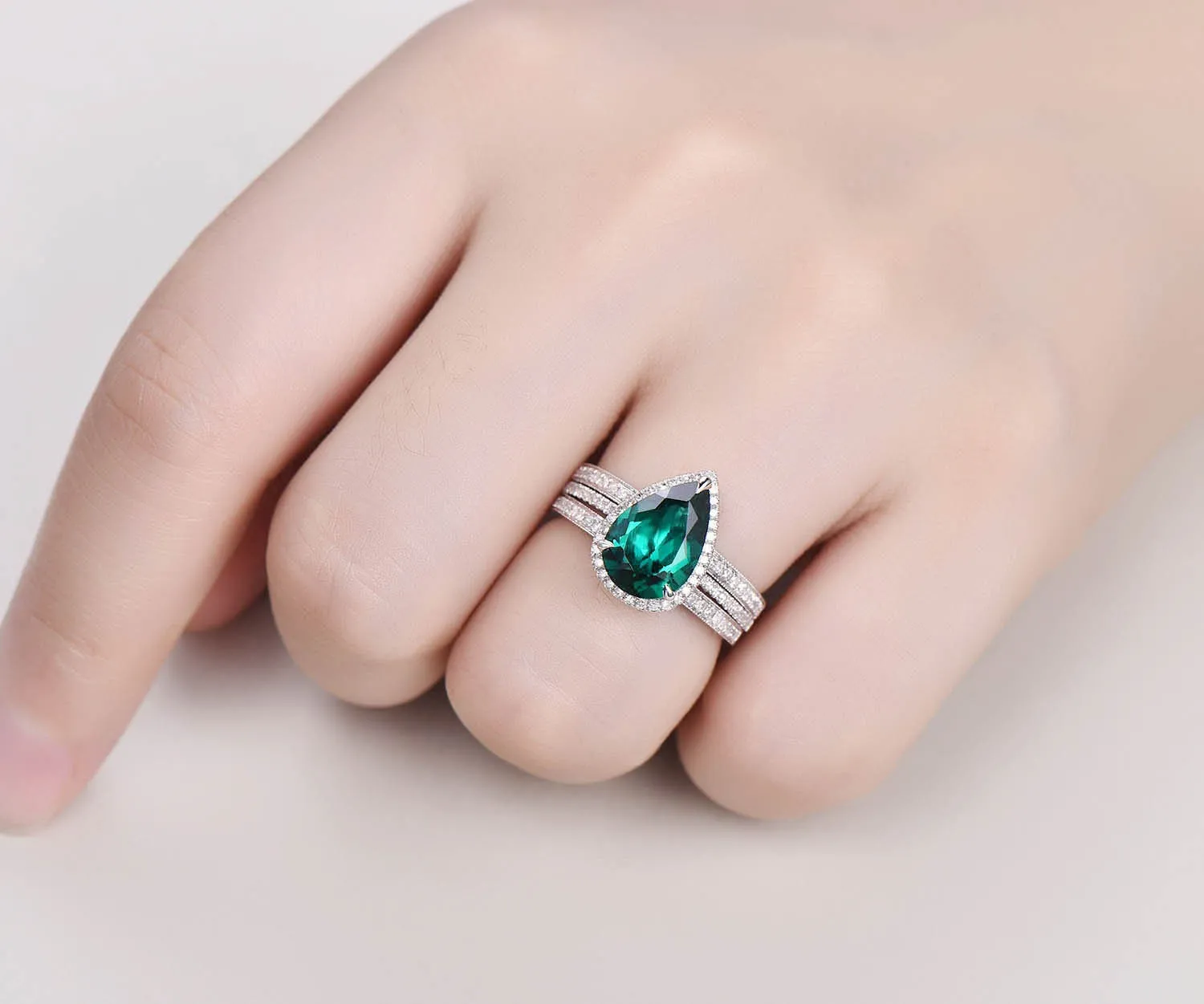 8x12mm pear emerald engagement ring set vintage 14k rose gold ring set diamond halo ring unique bridal ring set wedding promise ring set sold by Willwork Jewelry product image thumbnail 2