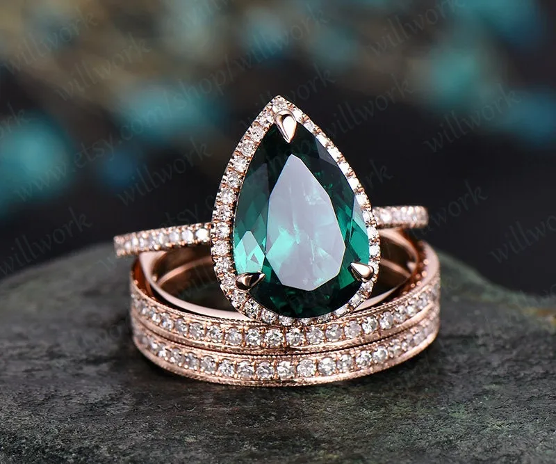 8x12mm pear emerald engagement ring set vintage 14k rose gold ring set diamond halo ring unique bridal ring set wedding promise ring set sold by Willwork Jewelry product image thumbnail 3