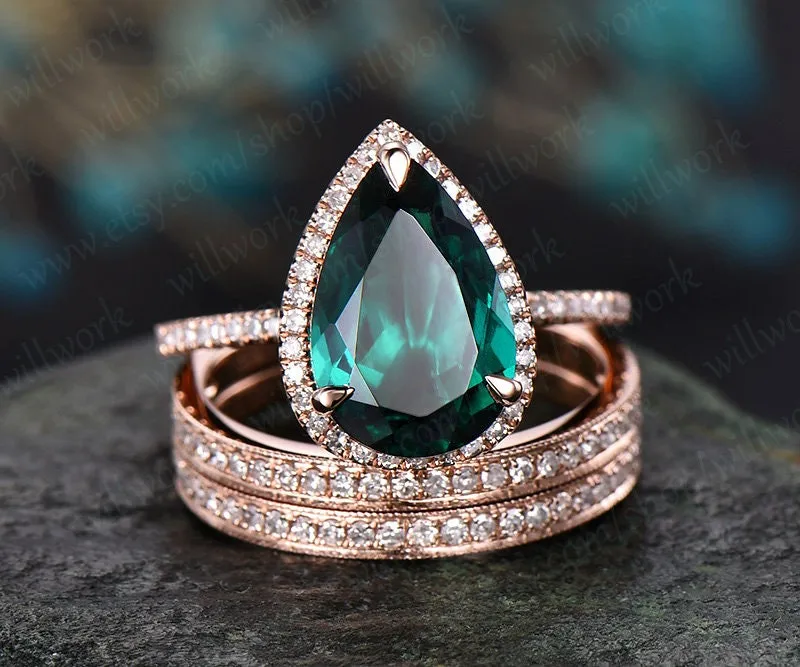8x12mm pear emerald engagement ring set vintage 14k rose gold ring set diamond halo ring unique bridal ring set wedding promise ring set sold by Willwork Jewelry