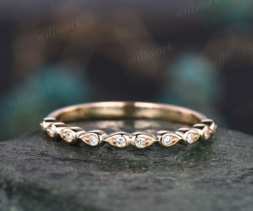 Unique vintage teardrop ring half diamond wedding band 14k white gold ring stacking matching ring anniversary birthday graduation gift sold by Willwork Jewelry