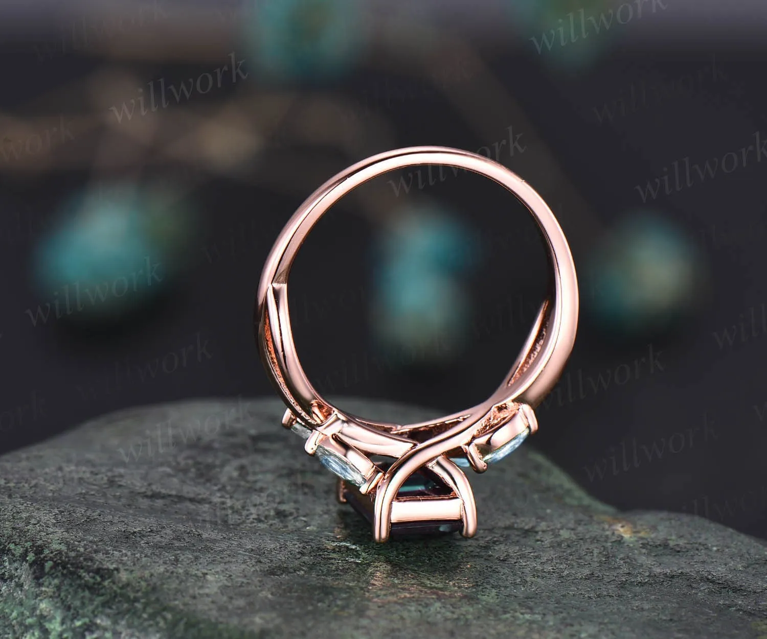 Vintage emerald cut Alexandrite engagement ring five stone art deco 14k rose gold ring marquise cut moonstone ring unique wedding ring women sold by Willwork Jewelry product image thumbnail 5