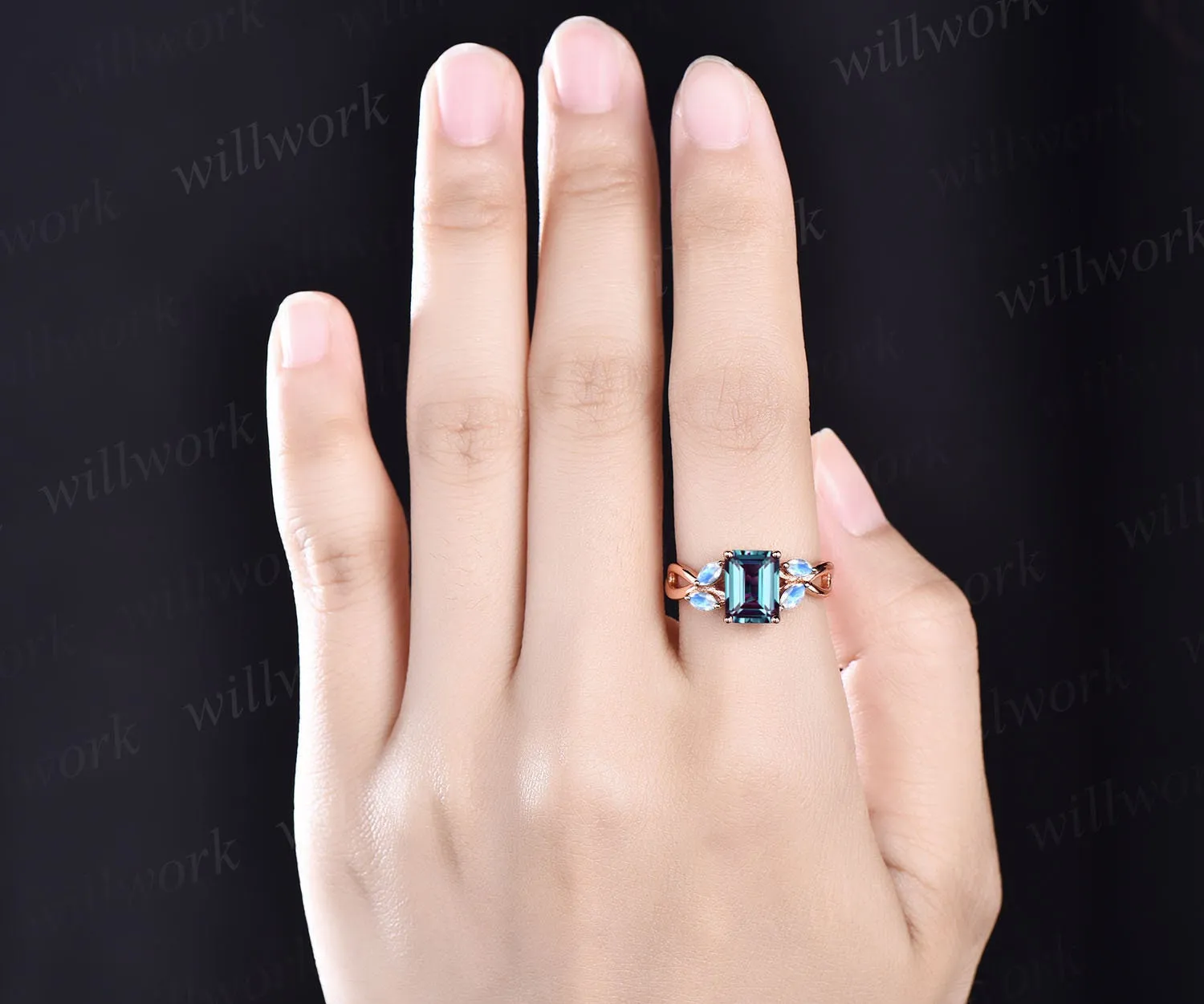 Vintage emerald cut Alexandrite engagement ring five stone art deco 14k rose gold ring marquise cut moonstone ring unique wedding ring women sold by Willwork Jewelry product image thumbnail 2