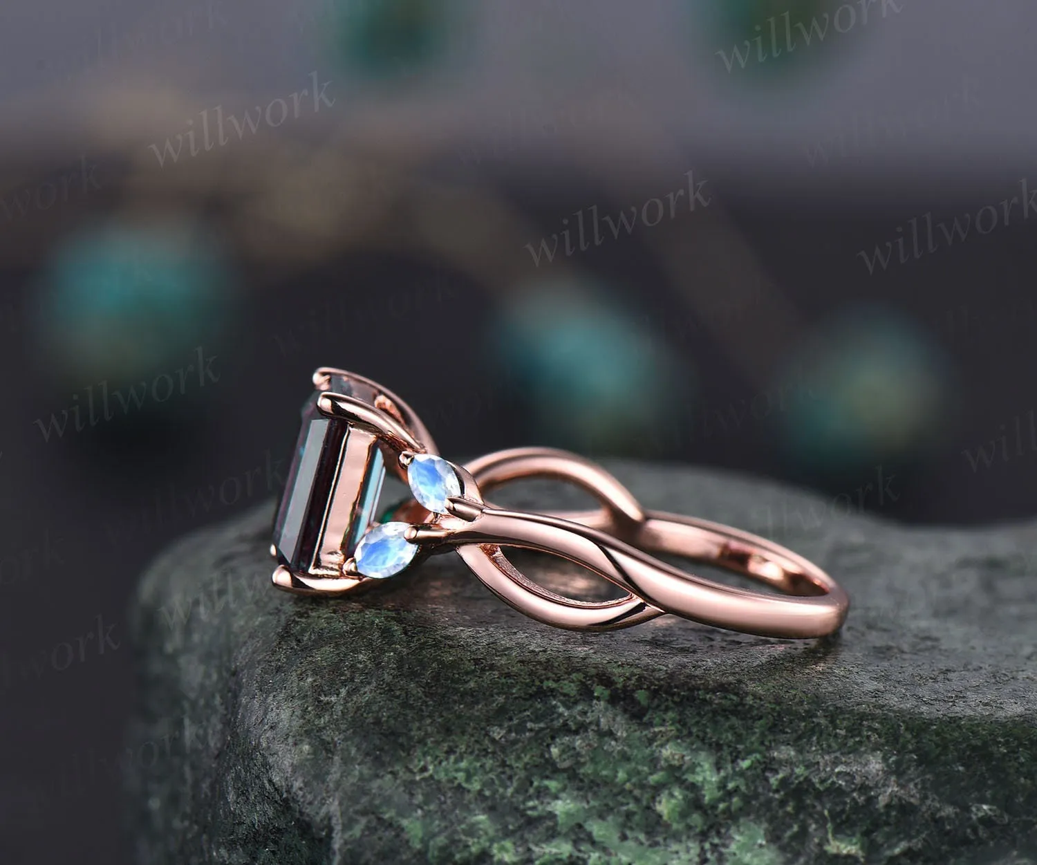 Vintage emerald cut Alexandrite engagement ring five stone art deco 14k rose gold ring marquise cut moonstone ring unique wedding ring women sold by Willwork Jewelry product image thumbnail 4