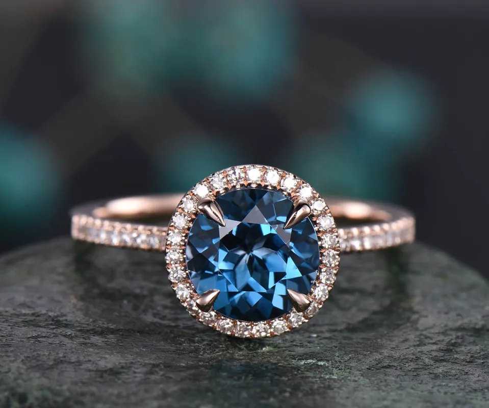 8mm round London blue topaz engagement ring solid 14k white rose gold diamond halo ring fine jewelry wedding anniversary bridal gift for her sold by Willwork Jewelry