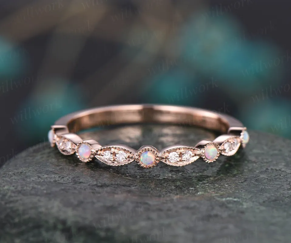 Vintage opal ring opal wedding band 14k rose gold art deco diamond wedding ring band half eternity stacking ring October birthstone ring sold by Willwork Jewelry