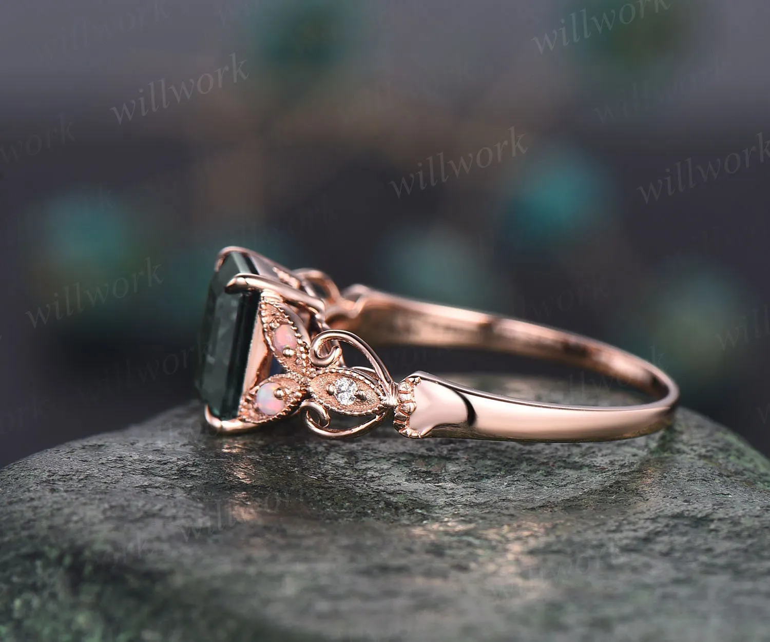 Vintage emerald cut green moss agate engagement ring 14k rose gold butterfly flower milgrain opal diamond ring unique wedding ring for women sold by Willwork Jewelry product image thumbnail 4