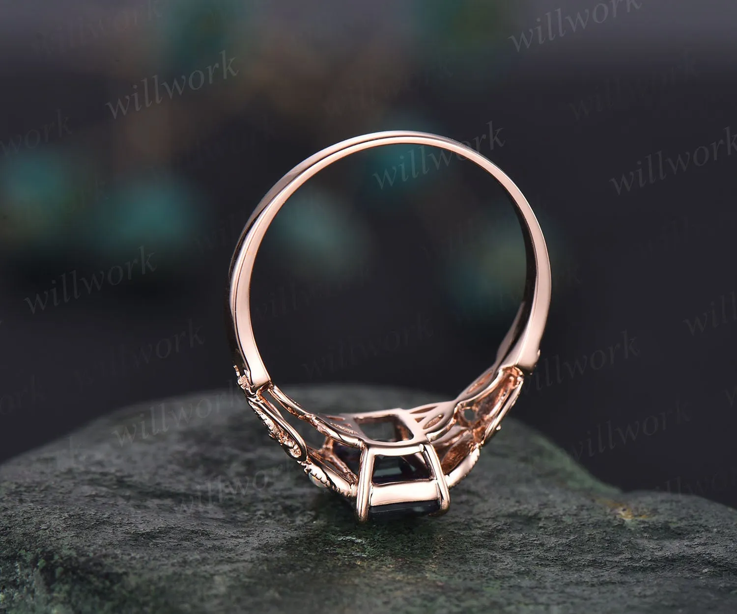 Vintage emerald cut green moss agate engagement ring 14k rose gold butterfly flower milgrain opal diamond ring unique wedding ring for women sold by Willwork Jewelry product image thumbnail 5