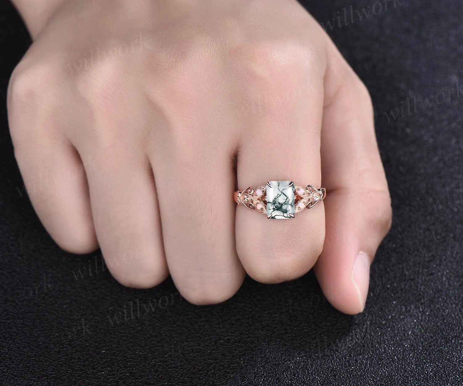 Vintage emerald cut green moss agate engagement ring 14k rose gold butterfly flower milgrain opal diamond ring unique wedding ring for women sold by Willwork Jewelry product image thumbnail 2