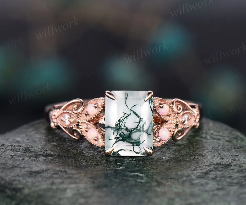 Vintage emerald cut green moss agate engagement ring 14k rose gold butterfly flower milgrain opal diamond ring unique wedding ring for women sold by Willwork Jewelry