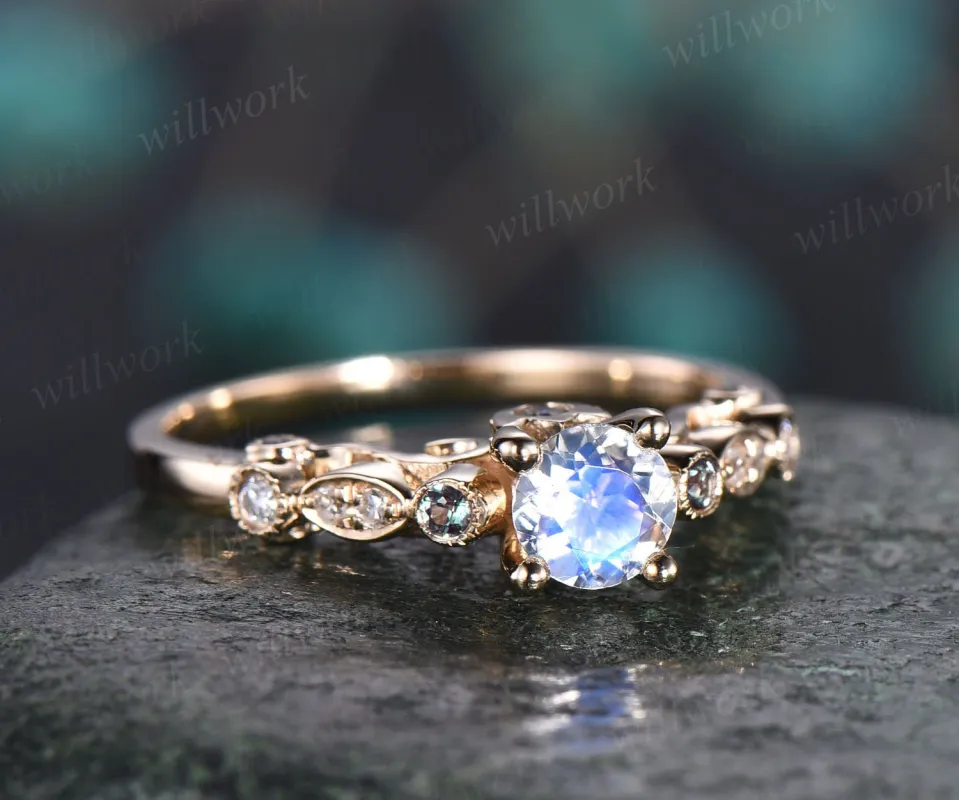 Round moonstone ring vintage moonstone engagement ring Alexandrite ring diamond ring for women yellow gold jewelry June birthstone ring gift sold by Willwork Jewelry