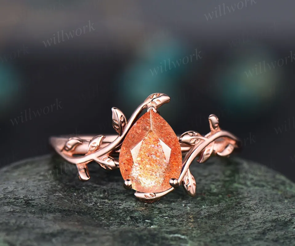 Vintage pear shaped sunstone engagement ring leaf flower art deco unique solitaire rose gold engagement ring anniversary wedding ring women sold by Willwork Jewelry